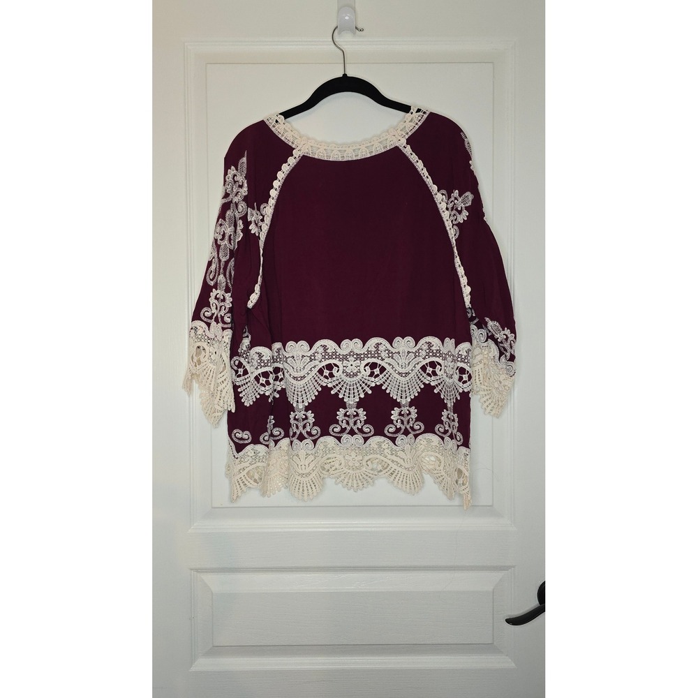 Leo & Nicole Womens Burgundy Boho Lace Embroidered Rayon Blouse Top Medium - Picture 3 of 6
